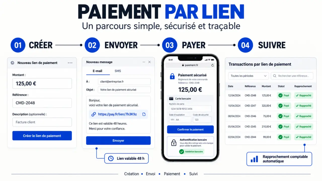 Schéma du fonctionnement du paiement par lien, de l’envoi à la confirmation
