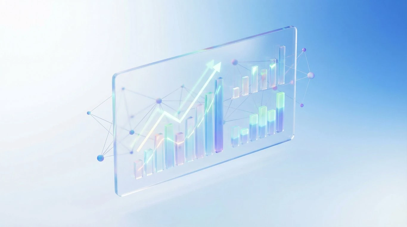 Interface utilisateur flottante en verre dépoli montrant des graphiques de croissance