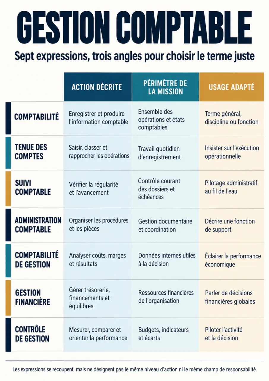 Infographie sur le synonyme gestion comptable et les nuances entre comptabilité, suivi comptable et contrôle de gestion