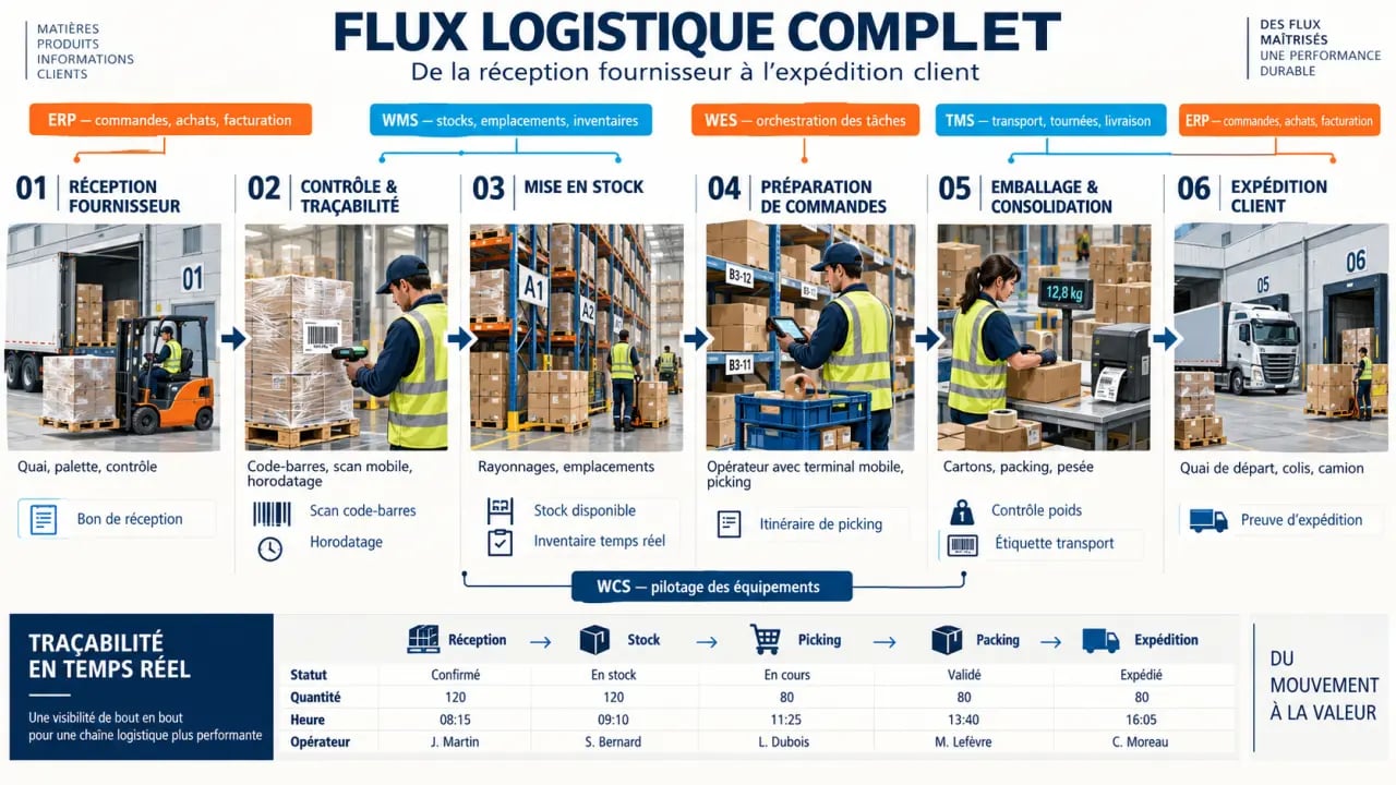 Logiciel logistique : schéma du flux d'un entrepôt avec WMS, TMS, WCS, WES et ERP