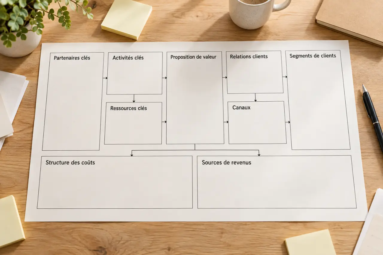 Business Model Canvas à remplir : relier les 9 cases pour tester la viabilité d’un projet