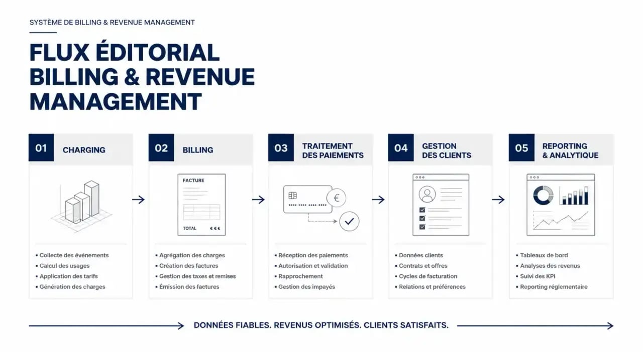 Schéma du flux billing and revenue management : charging, billing, paiement, gestion client, reporting