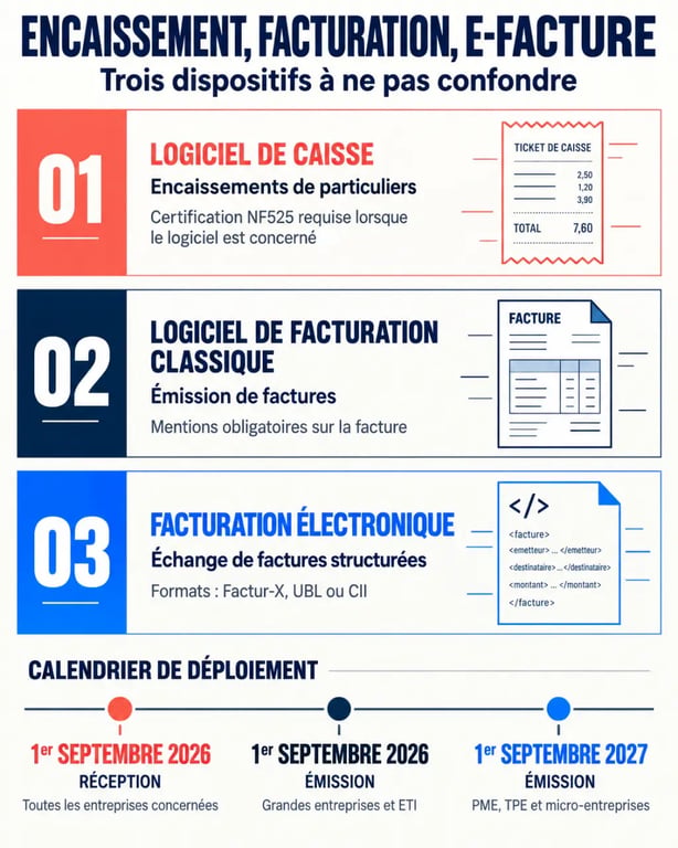 Infographie sur l'obligation logiciel de facturation, la NF525 et le calendrier de facturation électronique 2026-2027
