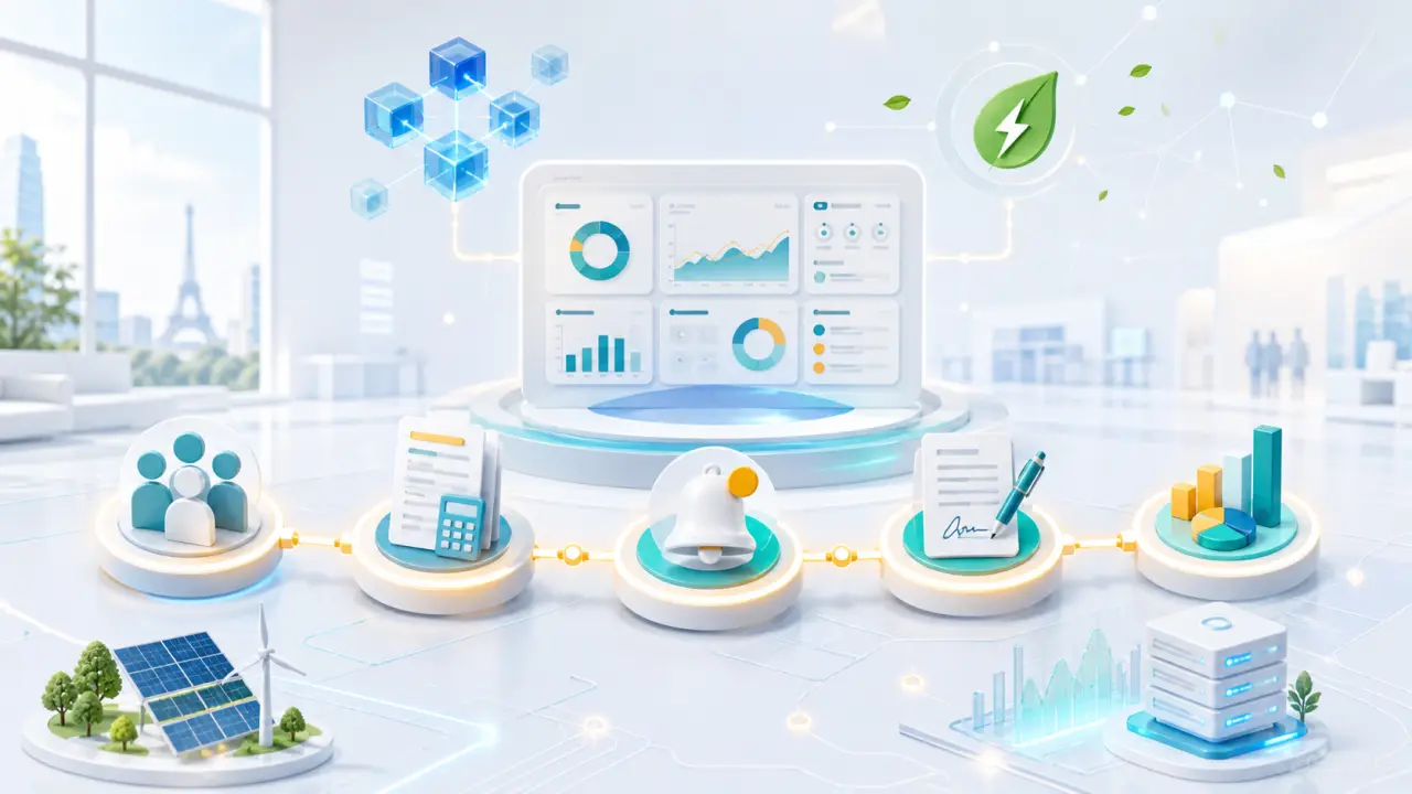 Interface moderne de gestion B2B illustrant des tableaux de bord, des flux de clients et des relances automatisées