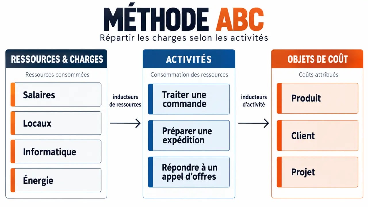 Schéma de compta analytique montrant le cheminement des ressources vers les activités et les objets de coût avec la méthode ABC