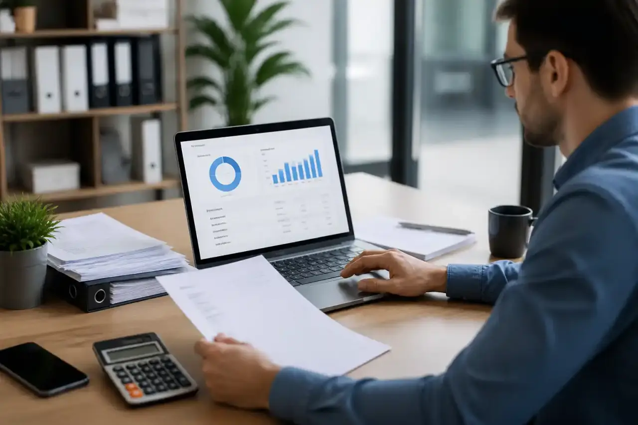 Interface moderne de gestion B2B illustrant factures, relances et indicateurs financiers