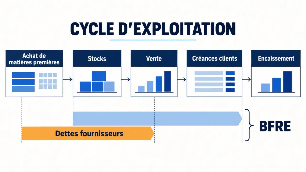 Schéma du cycle d’exploitation et du BFRE entre stocks, créances clients et dettes fournisseurs