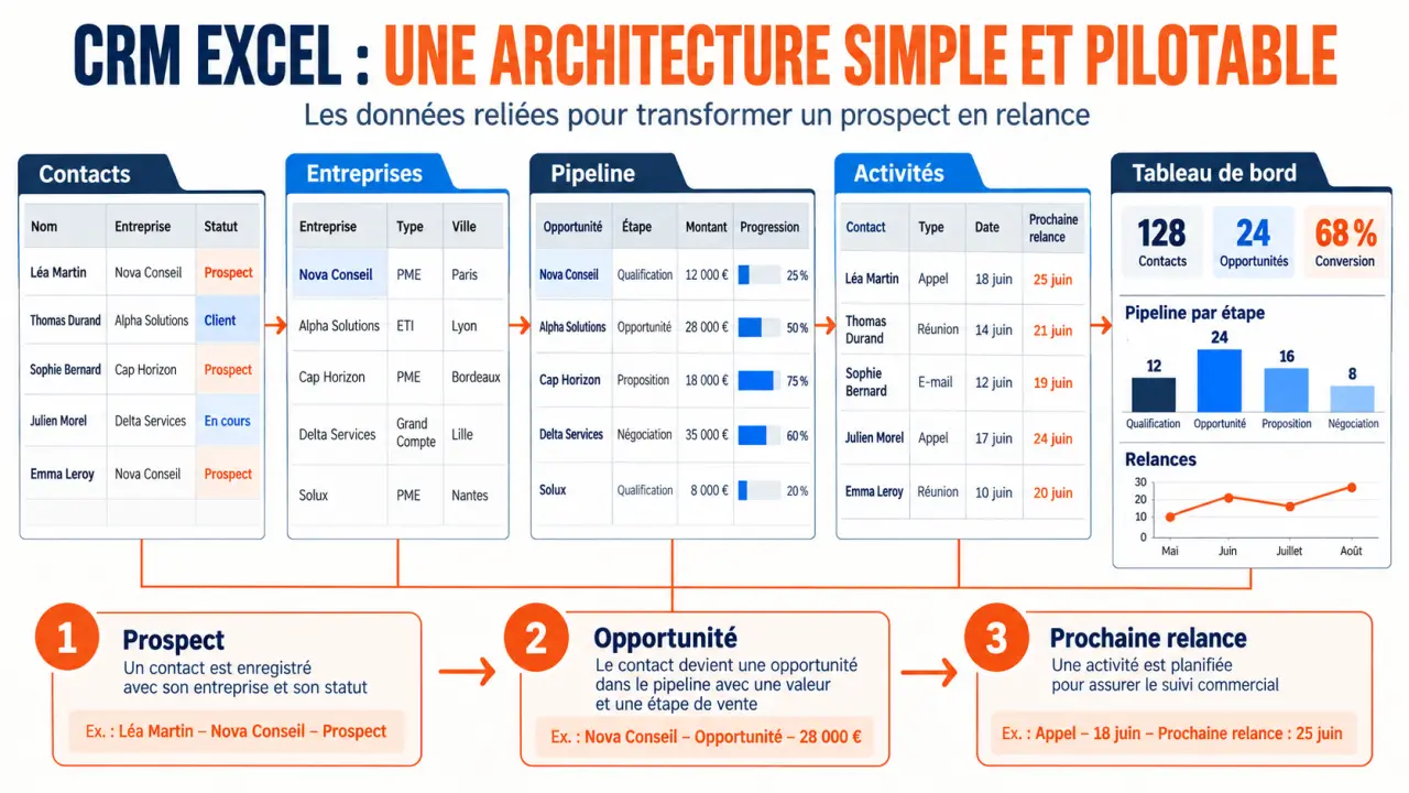 CRM Excel organisé autour des onglets Contacts, Entreprises, Pipeline, Activités et Tableau de bord