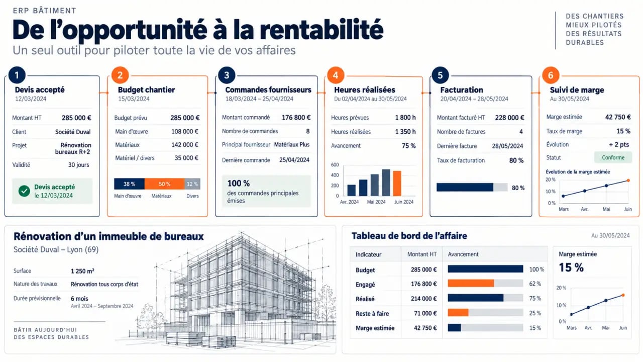 Logiciel ERP bâtiment reliant devis, chantier, achats, heures et suivi de marge