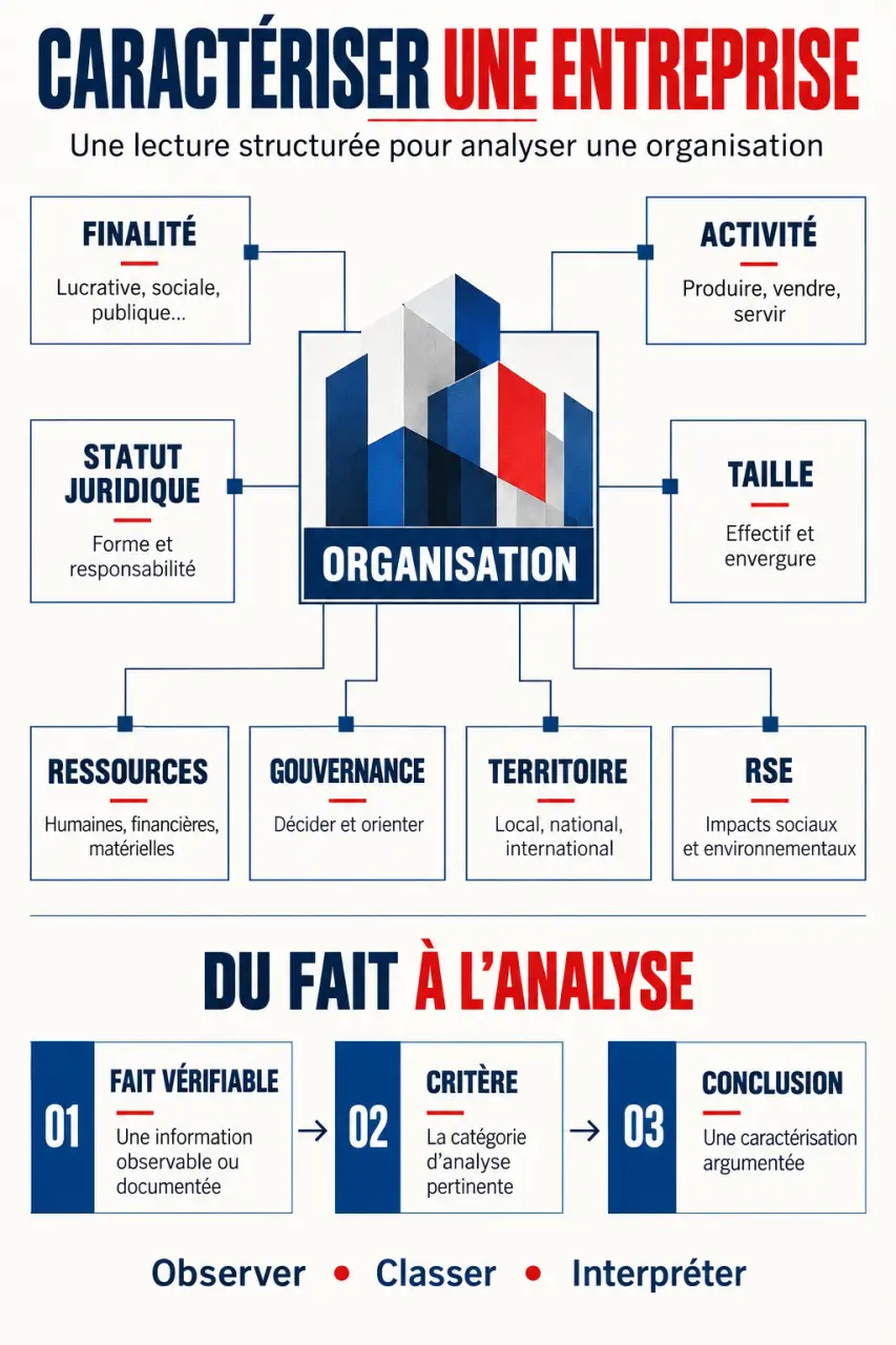 Schéma de caractérisation d’une entreprise avec les critères d’analyse et les preuves à rechercher