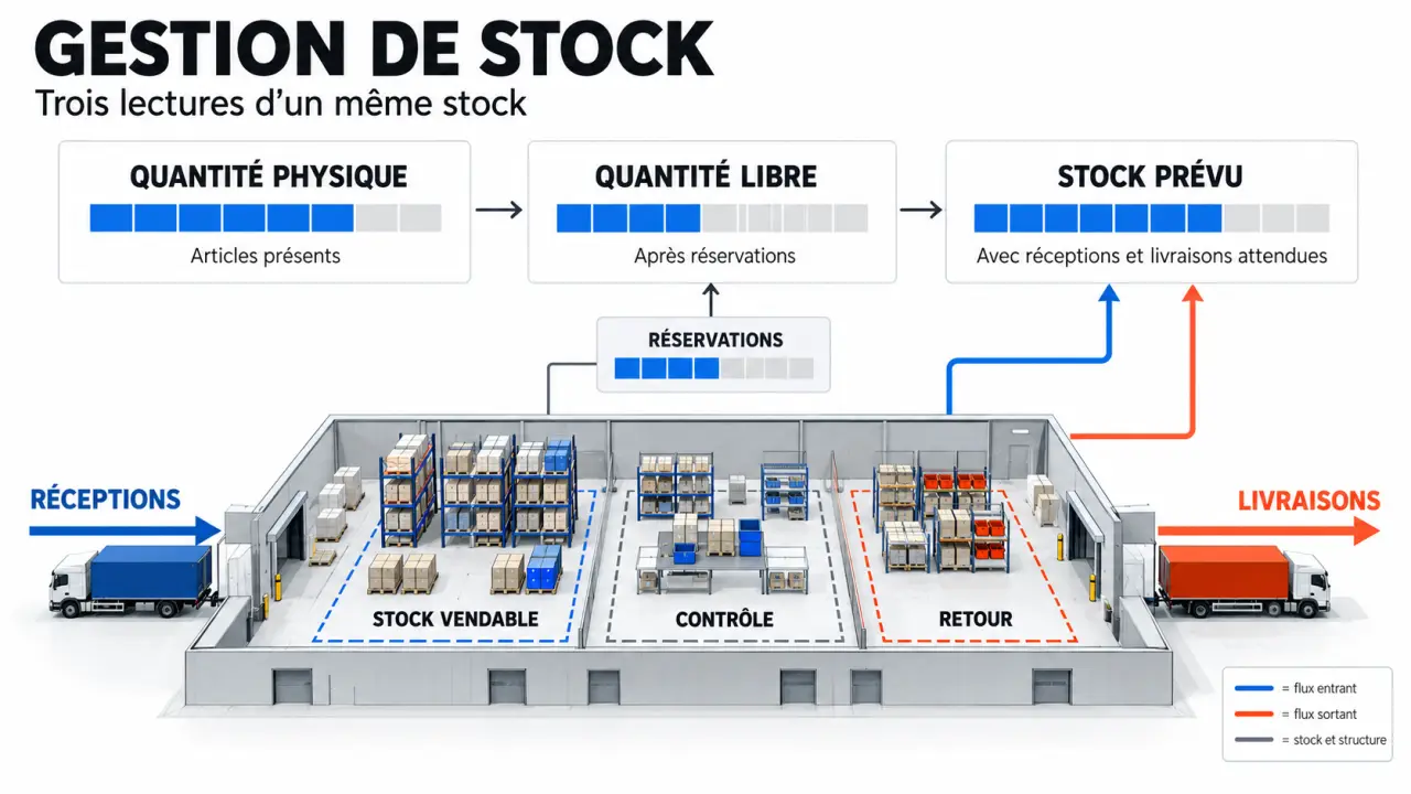 Infographie Odoo gestion de stock avec quantité physique, réservations, prévisions et flux d'entrepôt