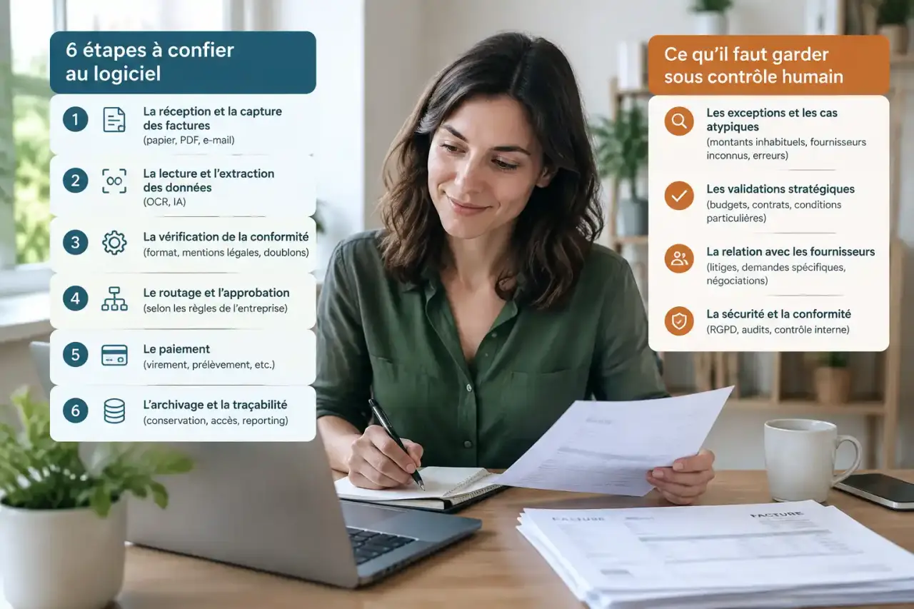 Automatisation des factures : 6 étapes à confier au logiciel, et celles à garder sous contrôle humain